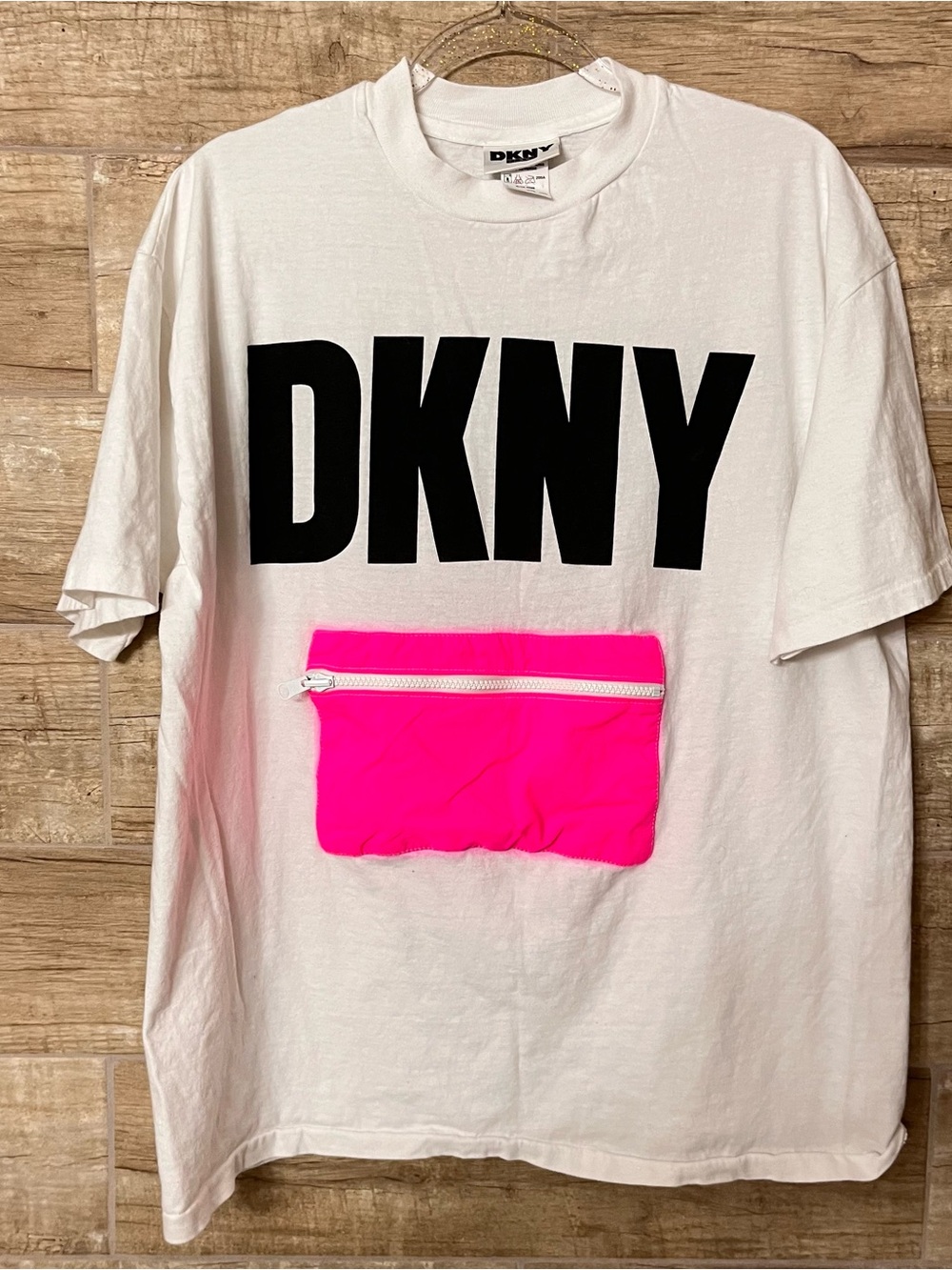 y2k Vintage DKNY White Tee in a BAG  and Neon Pink Pocket One Size Beach Packabl